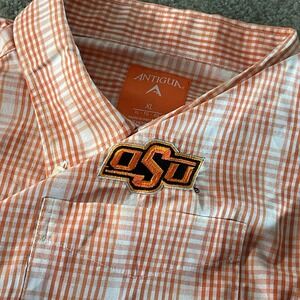 Mens Antigua‎ Shirt Orange & White striped OSU Button Up Short Sleeve Size XL